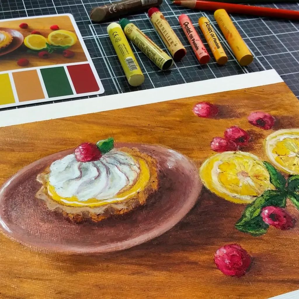 still life painting in oil pastel of a lemon tart and raspberries