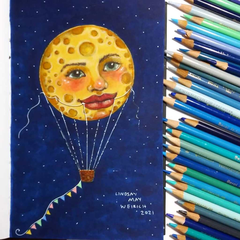 Marker and colored pencil illustration of a hot air balloon with a moon face.